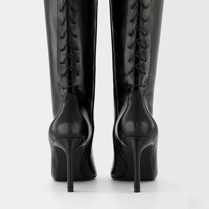 Black Pointed Toe Stiletto Heel Tie Detail Zipper Knee High Boots