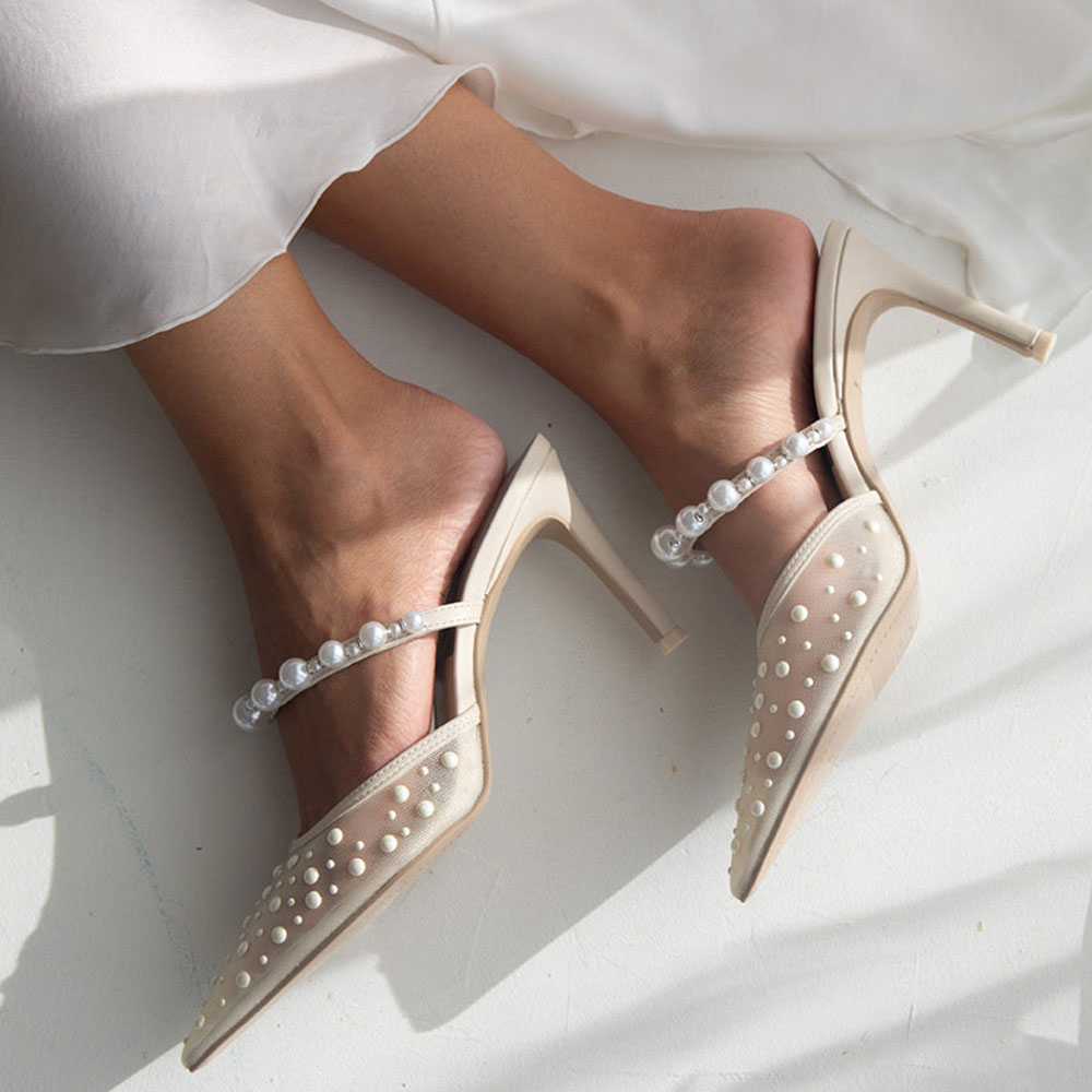 Beige Mesh Pointed Toe Pearl Embellished Wedding Shoes Mule Heels