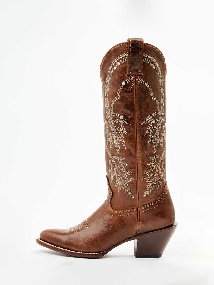 Brown Vegan Leather Embroidered Wide-Calf Lady's Knee High Boots