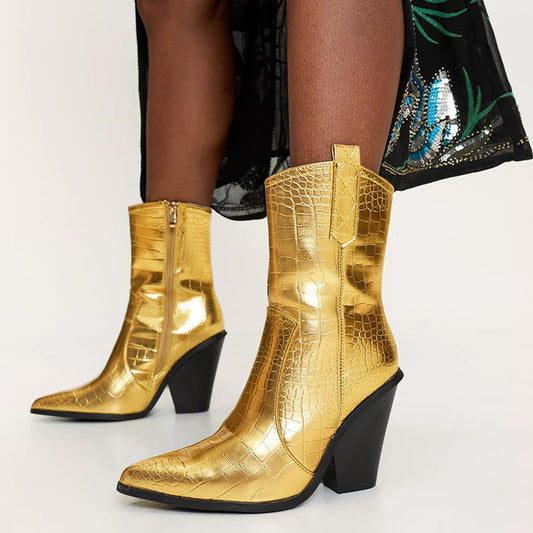Metallic Gold Croco Embossed Pointed Toe Chunky Heel Cowgirl Boots