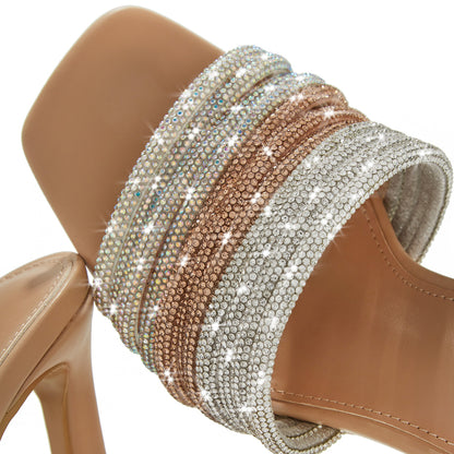 Beige Square Toe 3'' Stiletto Heel Rhinestone Strappy Mules