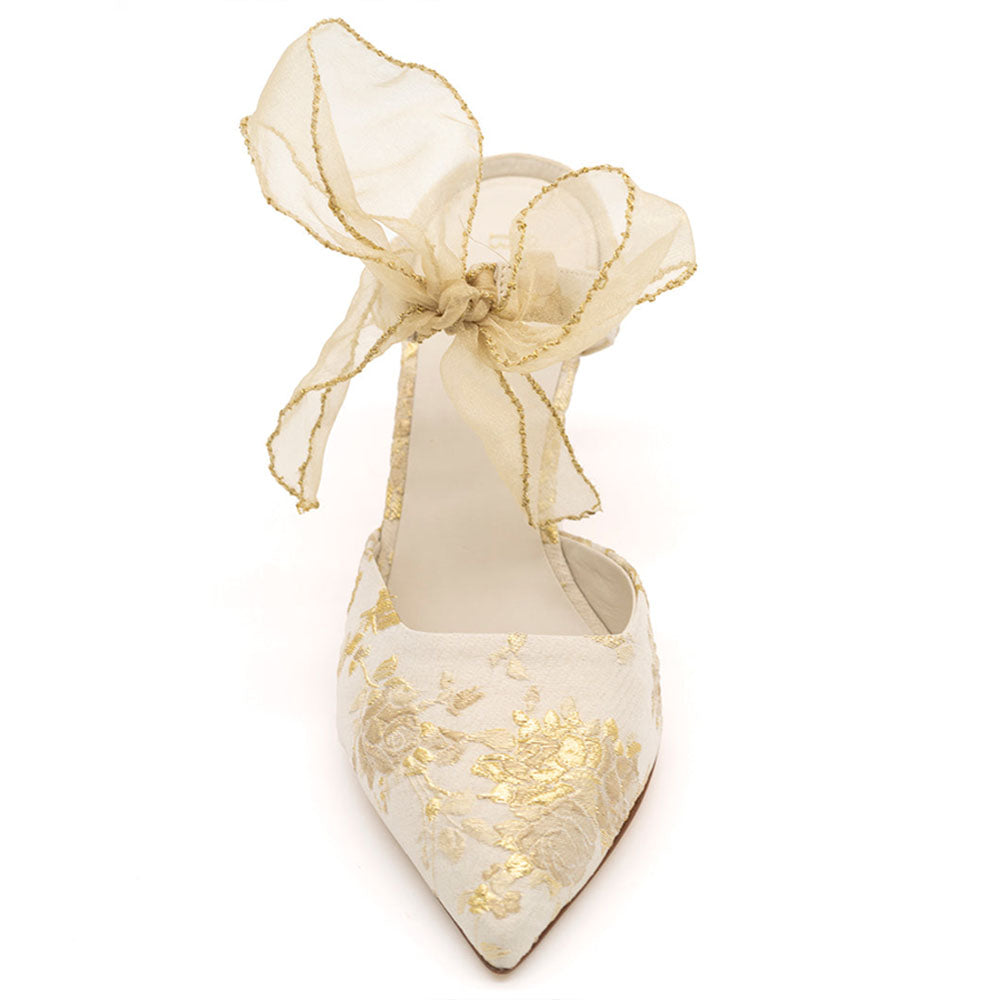 Beige Mesh Bow Heels Pointed Toe Gold Flower Pattern Mules for Women