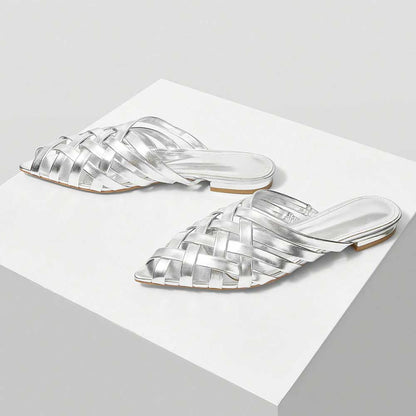 FSJ Metallic Finish Woven Pointed Toe Silver Flat Mules Shoes