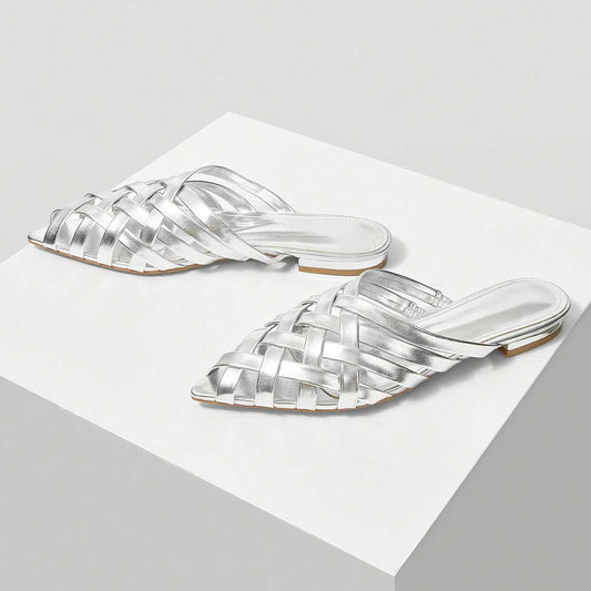 FSJ Metallic Finish Woven Pointed Toe Silver Flat Mules Shoes