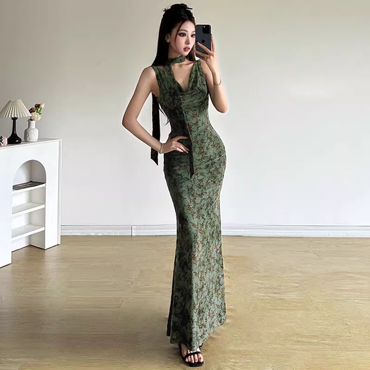 Vintage Green Floral V-neck Mermaid Summer Dresses Prom Dress Evening Dress TP4340