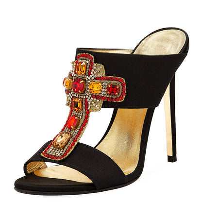 Women's Rhinestone Cross Embellished Satin High Heel Mules in Black