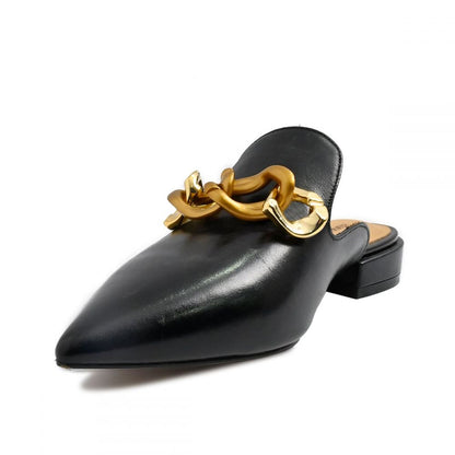 Black Pointed Toe Low Chunky Heel Mule Loafers with Chain Accent