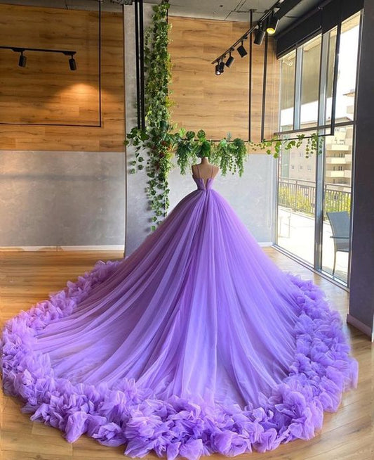 Gorgeous Lilac Spaghetti Strap Ruffle Tulle Sweet 16 Quinceanera A-Line Floor-length Prom Dress Birthday Dress Evening Dress Ball Gown TP4537