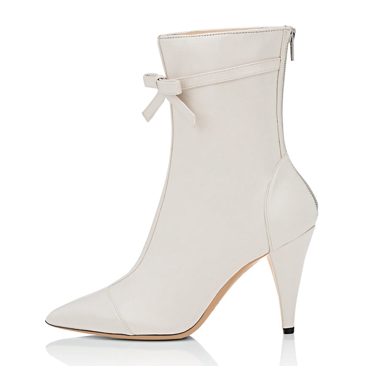 Ivory Pointy Toe Cone Heel Bow Mid Calf Boots