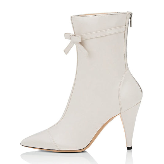 Ivory Pointy Toe Cone Heel Bow Mid Calf Boots