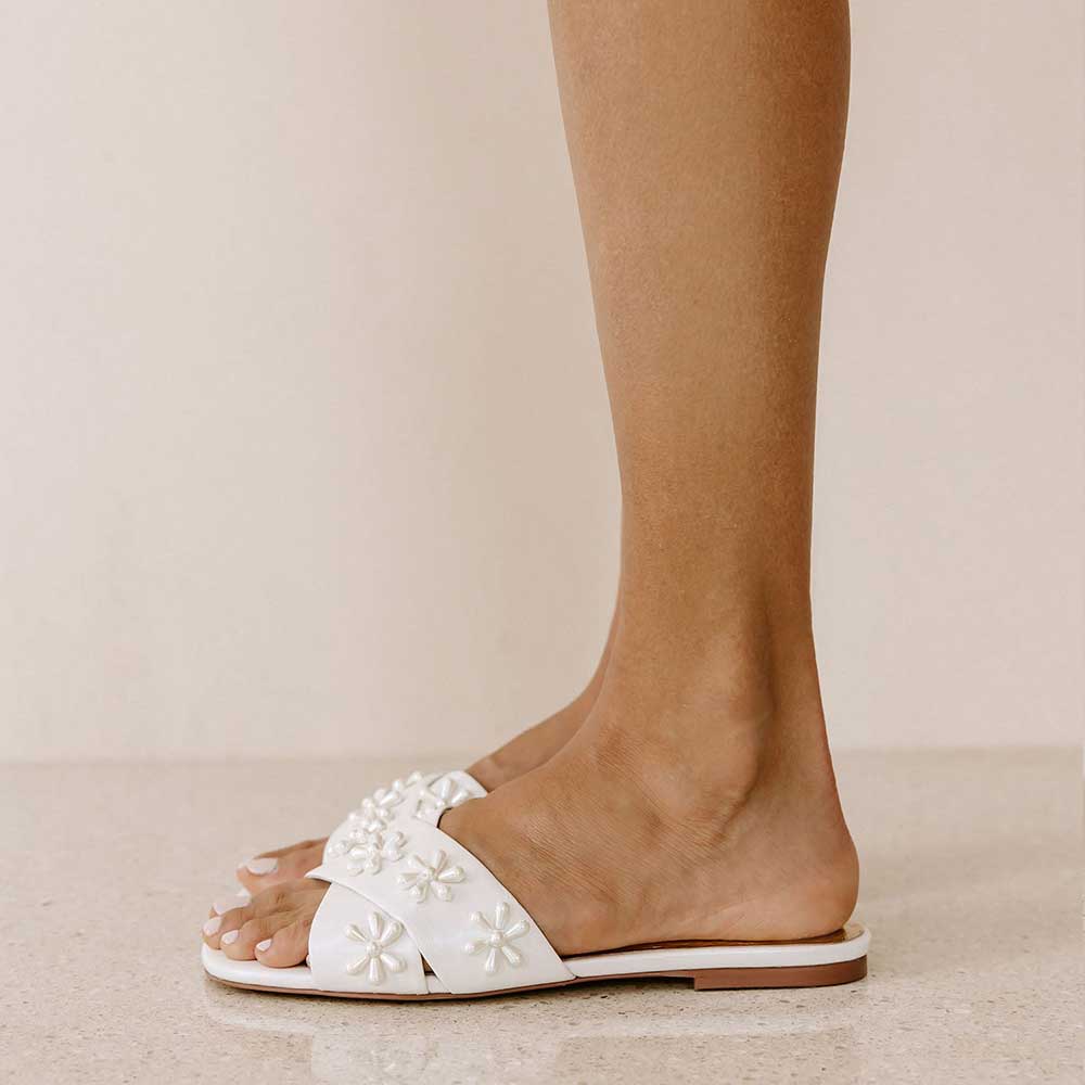 White Satin Square Toe Flat Pearl Inlay Slippers