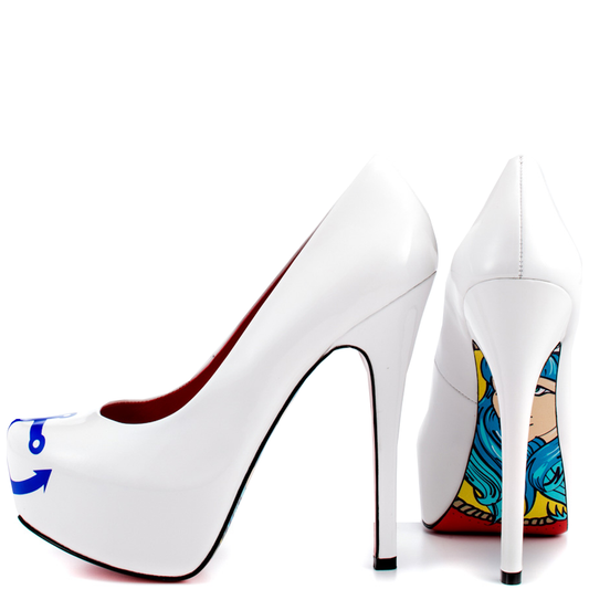 Women's White Stiletto Heels Anchor Print Platform Pumps