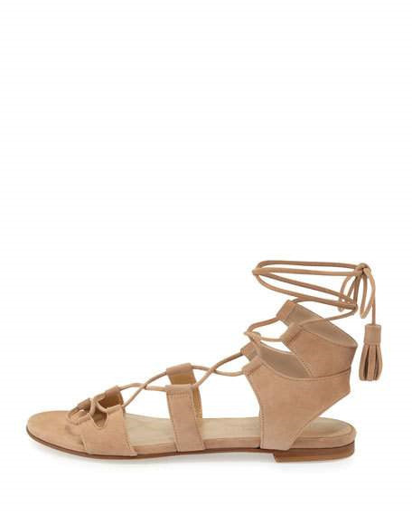 Khaki Vegan Suede Lace Up Flats Tassels Gladiator Sandals