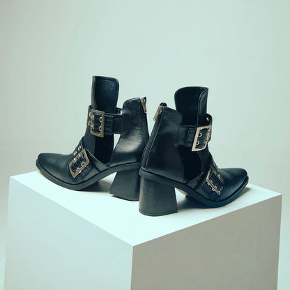 Black Mid Block Heel Cut-Out Pointed Toe Buckle Ankle Boots for Women