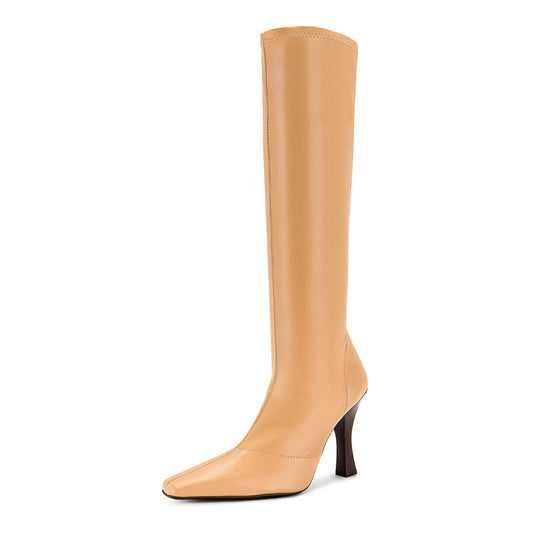 FSJ Tan Square Toe Flared Heel Pull-On Knee High Boots for Women