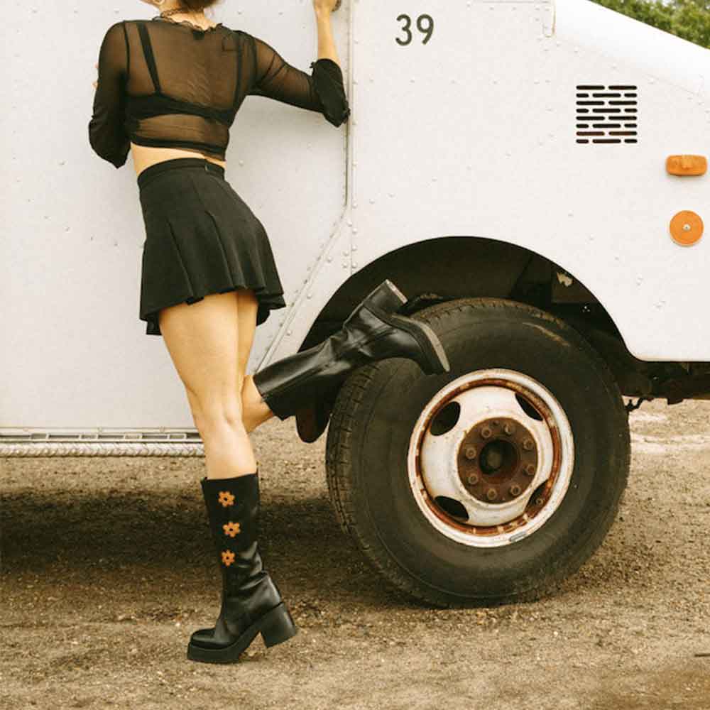 Black Square Toe Flower Inlay Chunky Heel Platform Mid Calf Boots