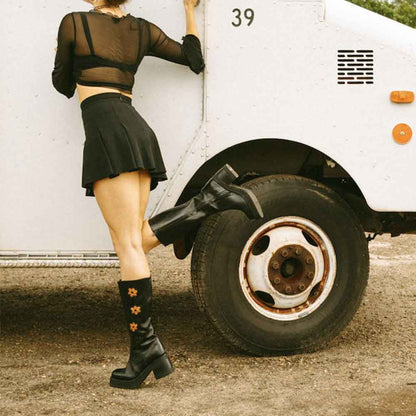 Black Square Toe Flower Inlay Chunky Heel Platform Mid Calf Boots