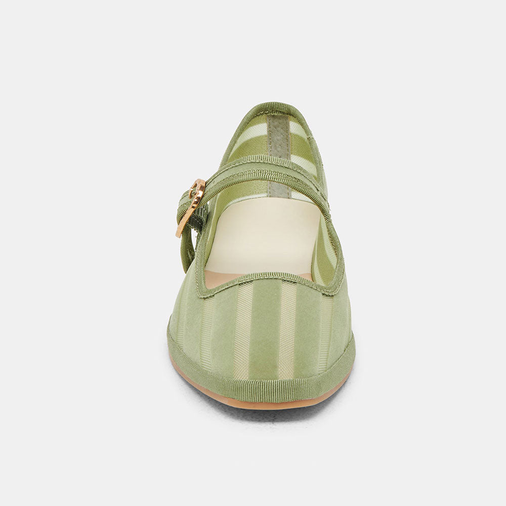 Classic Green Mesh Round Toe Stripes Buckle Strap Flats By FSJ