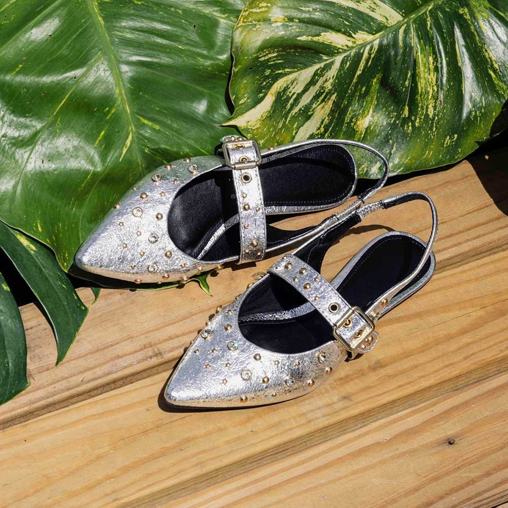 Pointed Toe Studded Buckled Strap Flats Slingback Shoes in Silver