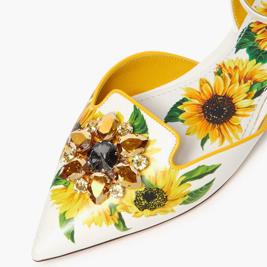 White Floral Print Ankle Strap Crystal Decor Flats