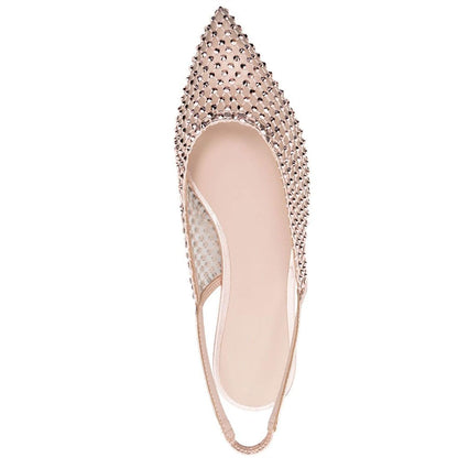 FSJ Nude Pointed Toe Mesh Rhinestone Slingback Flats