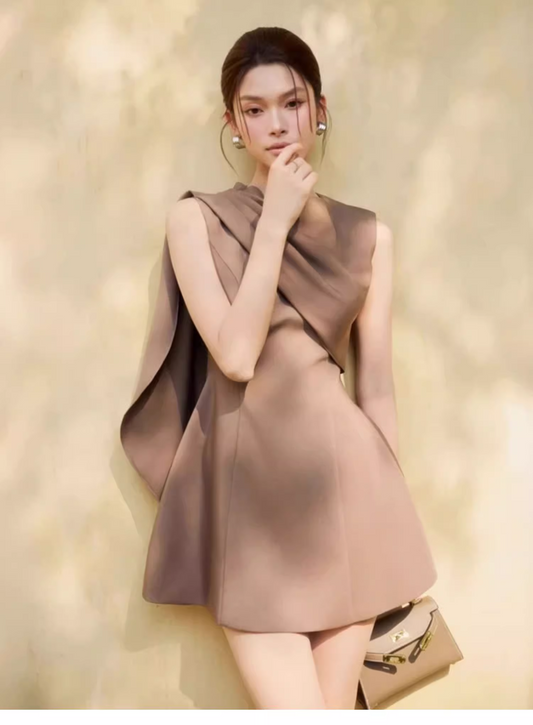 Elegant Light Brown Sleeveless Design A-line Satin Party Dress Homecoming Dress TP3821