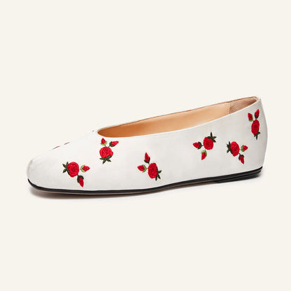 White Satin Round Toe Flower Embroidered Ballet Flats for Women