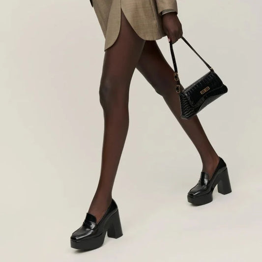 Black Platform Loafers Block Heels Business Casual Shoes for Women