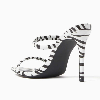 Black & White Zebra Print Pointy Toe Stiletto Heel Mules Sandals