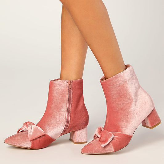 Women's Pink Velvet Almond Toe Chunky Heel Ankle Boots with Bows
