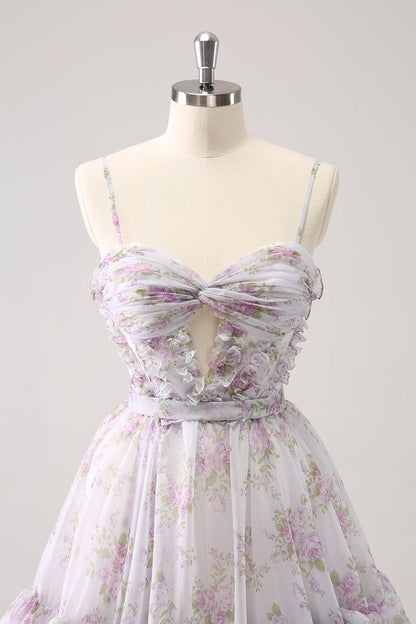 Vintage A-Line Homecoming Dress Spaghetti Straps Ruffled Floral Print Tiered Cocktail Dress TP3390