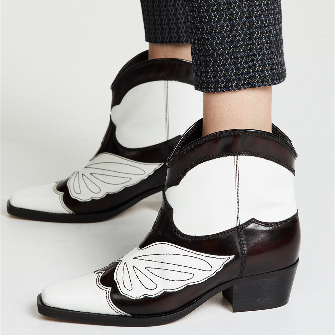 Black and White Block Heels Cowgirl Boots Square Toe Ankle Boots