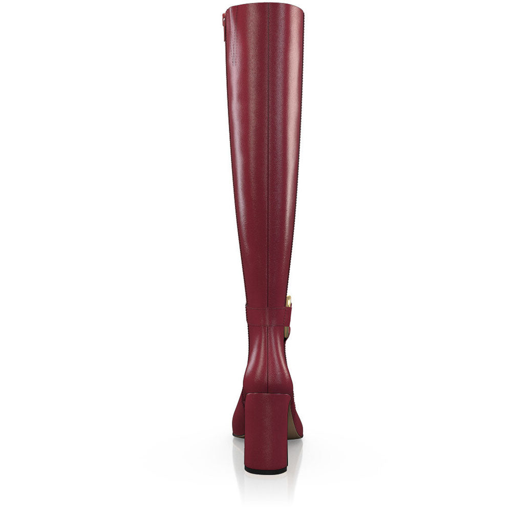 FSJ Burgundy Pointed Toe Heeled Knee High Boots with Ring Buckle