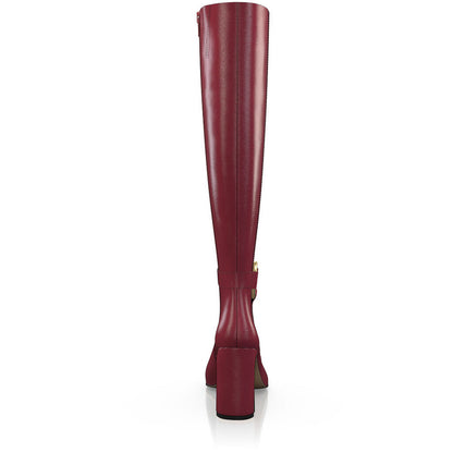 FSJ Burgundy Pointed Toe Heeled Knee High Boots with Ring Buckle