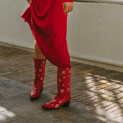 Red Pointy Toe Stitched Leaf Decor Chunky Heel Mid Calf Boots