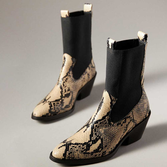 Black Python Embossed Patchwork Ankle Boots with Chunky Heel