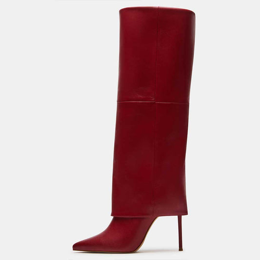 Red Vegan Leather Pointed Toe Stiletto Heel Fold-Over Knee High Boots