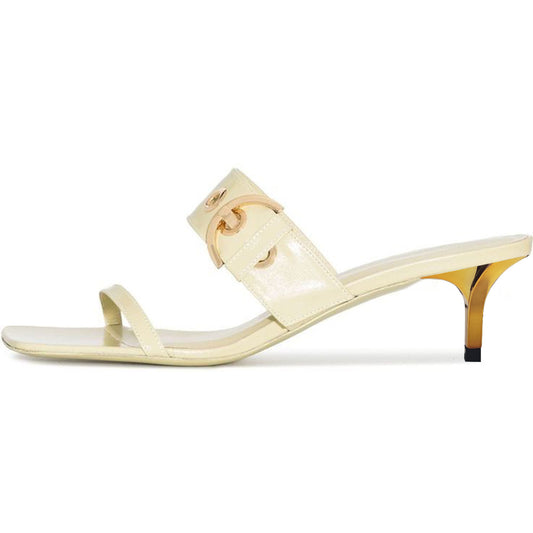 White Open Toe Decorative Heel Strappy Mules with Buckle