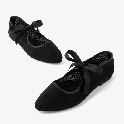 Women's Classic Black Closed-Toe Tie-Up Ballet Mesh Flats