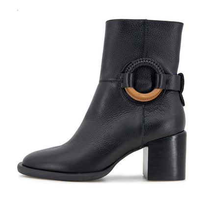 Black Round Toe Braided Ring Embellished Block Heel Ankle Boots
