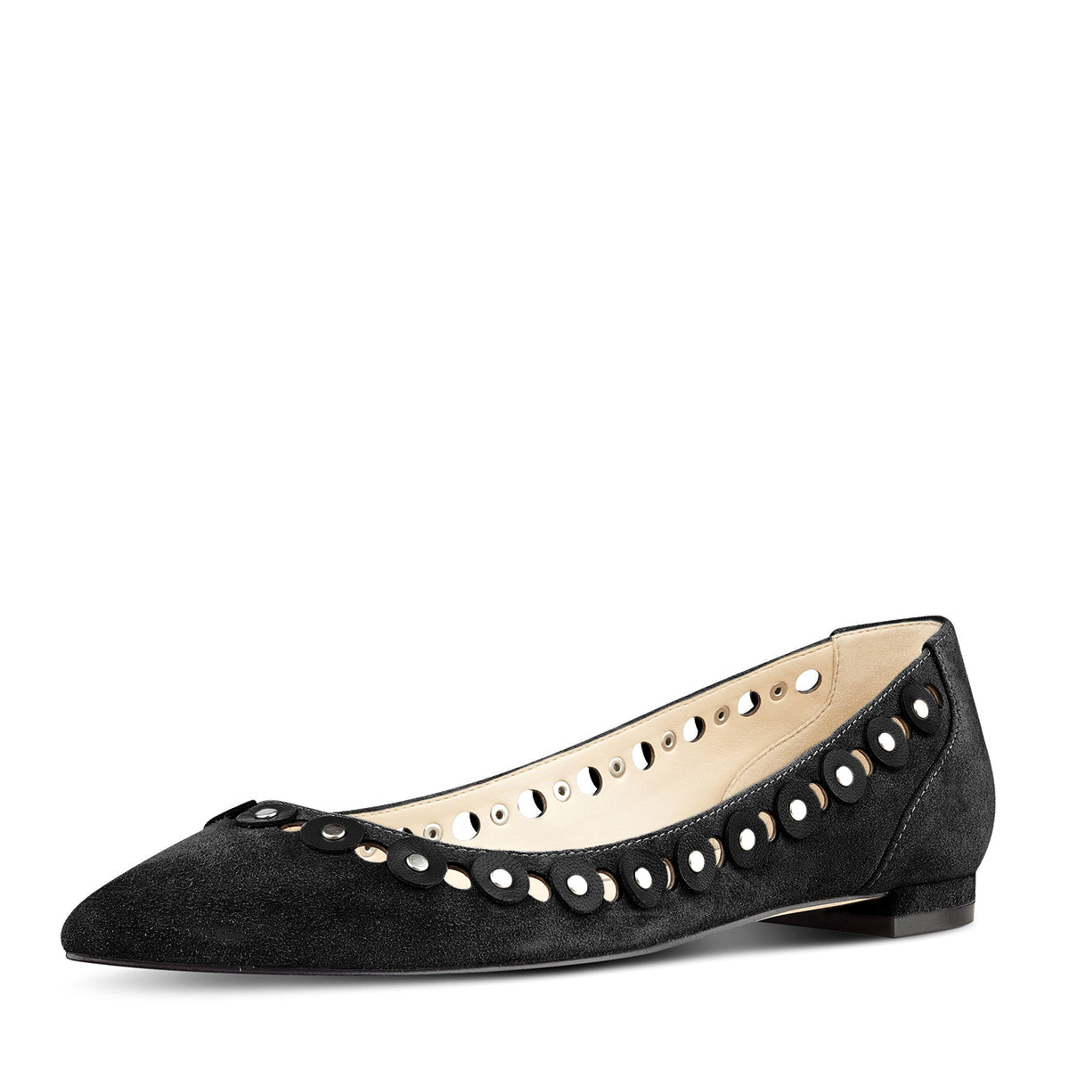 Black Vegan Suede Hollow Out Studded Pointed Toe Flats for Women