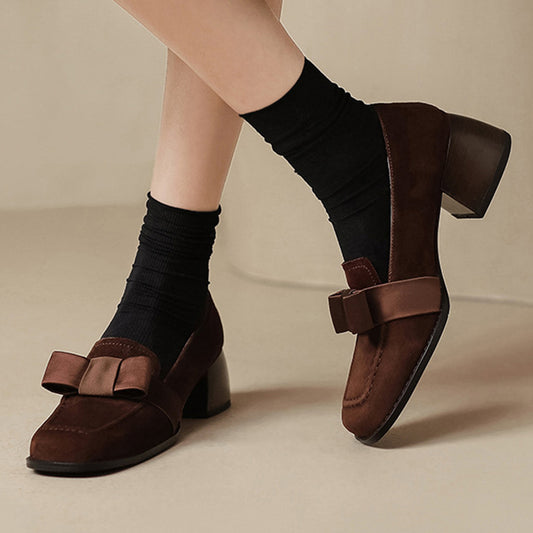 Brown Faux Suede Square Toe Chunky Heel Loafers with Bow