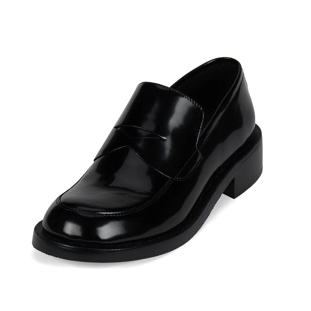 Vegan Leather Round Toe Chunky Heel Black Penny Loafers Women