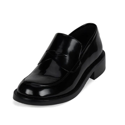 Vegan Leather Round Toe Chunky Heel Black Penny Loafers Women