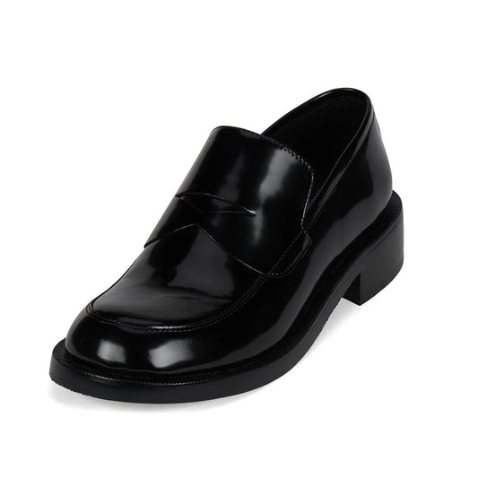 Vegan Leather Round Toe Chunky Heel Black Penny Loafers Women