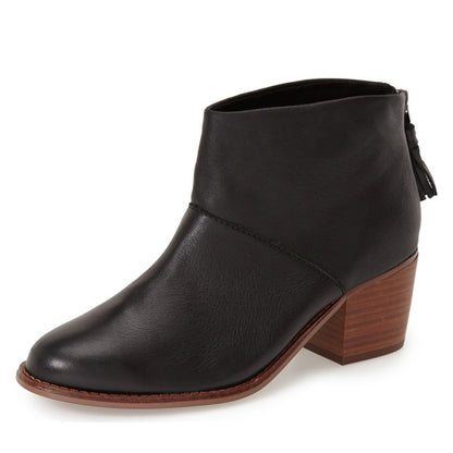 Black Chunky Heel Round Toe Ankle Boots with Tassels Zipper