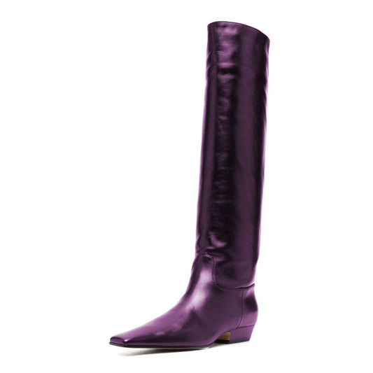 Purple Vegan Leather Square Toe Knee High Boots with Chunky Heel