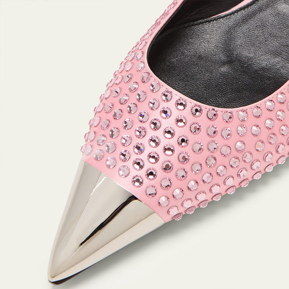 Pink & Silver Pointy Toe Cap Detailing Rhinestone Embellished Flats