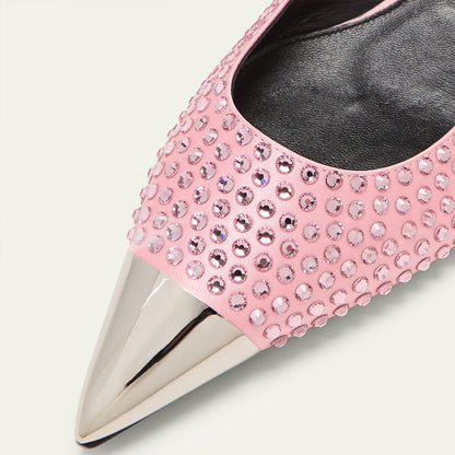 Pink & Silver Pointy Toe Cap Detailing Rhinestone Embellished Flats