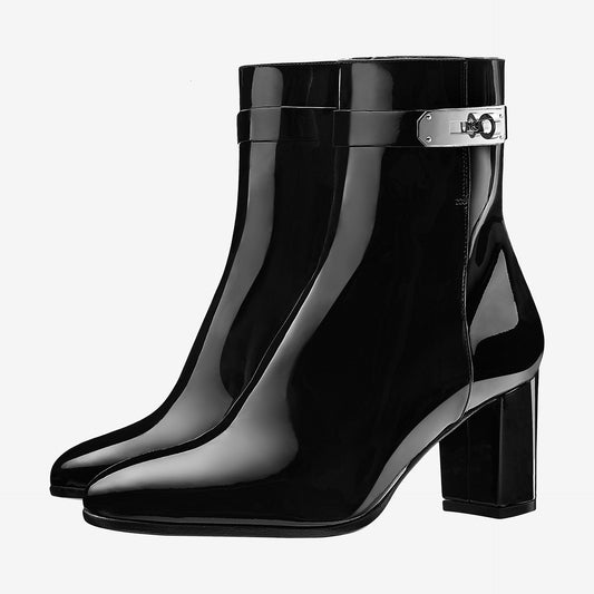 Black Patent Leather Chunky Heel Booties Round Toe Lock Ankle Boots